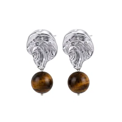 Linya Jewellery Women's Tigris Dangling Amorphous Tiger Eye Silver Earrings, Natural Stone Earring
