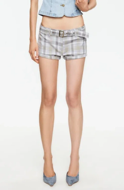 Lioness Afterglow Plaid Belted Low Rise Shorts In Gray