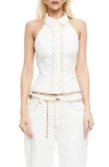 Lioness Afterglow Ruffle Denim Halter Top In White