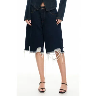 Lioness Banks Ripped Denim Bermuda Shorts In Indigo
