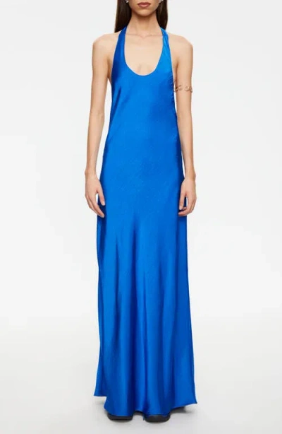 Lioness Bare Hammered Satin Maxi Dress In Blue