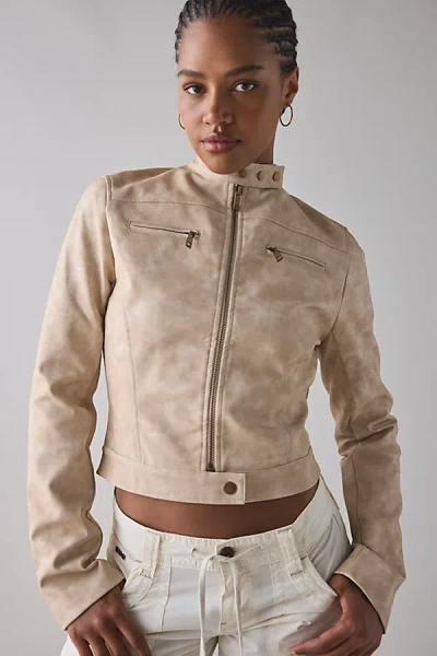 Lioness Bella Faux Leather Cropped Moto Jacket In Beige, Women's At Urban Outfitters In Sand