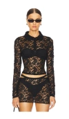 Lioness Black Swan Long Sleeve Sheer Lace Polo In Black