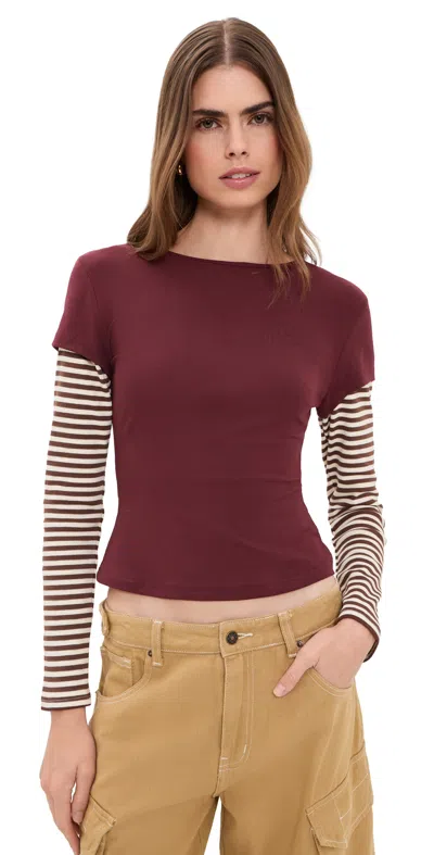 Lioness Bloom Layered Long Sleeve Tee Garnet Stripe In Red