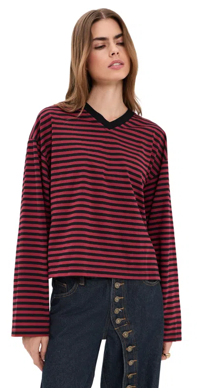 Lioness Bloom V Neck Long Sleeve Tee Cherry Ink Stripe In Red