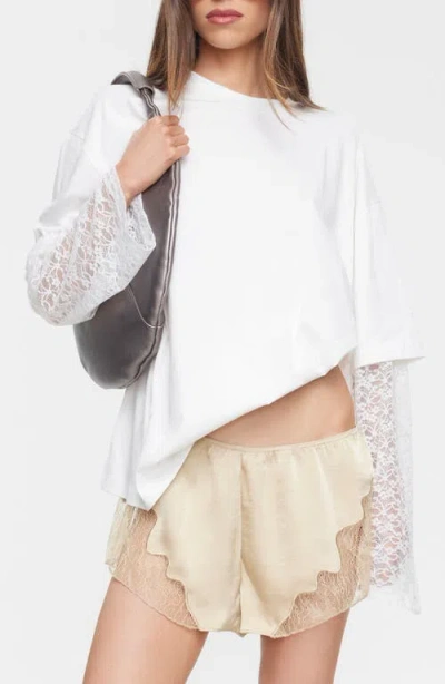 Lioness Bottega Lace Sleeve Oversized Cotton Top In Porcelain