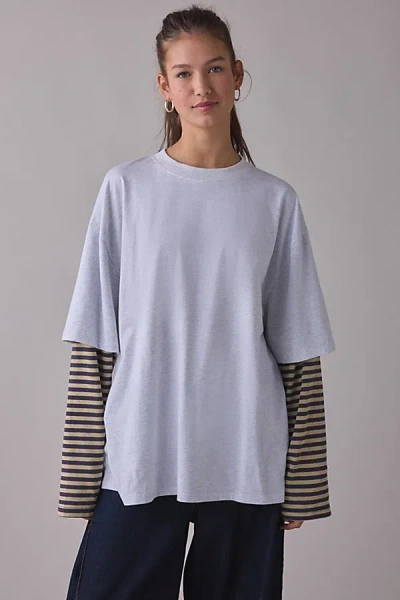 Lioness Bowen Layered Long Sleeve Oversized Tee In Beige Stripe, Women's At Urban Outfitters In Brown