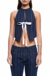 Lioness Denim Halterneck Contrast Bow Split Front Top In Dark Denim Stripe
