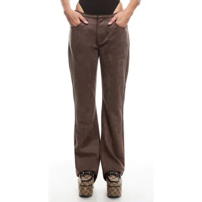 Lioness Charismatic Dipped Low Rise Flare Faux Suede Pants In Chocolate