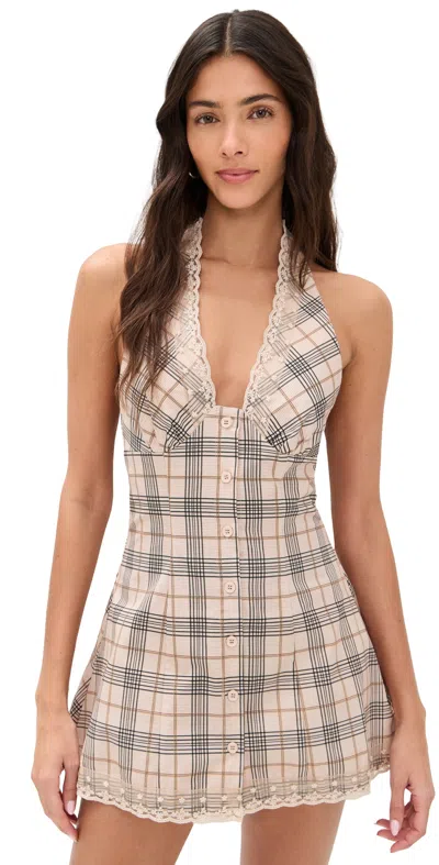Lioness Charmed Mini Dress Beige Plaid In Brown