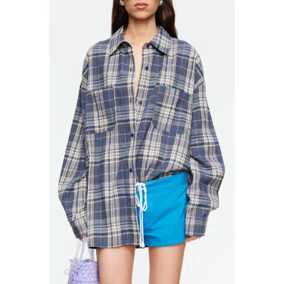 Lioness Clarity Plaid Cotton Flannel Button-up Shirt In Blue