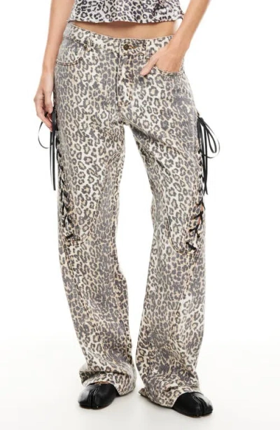 Lioness Dollhouse Lace-up Striaght Leg Jeans In Leopard Fade