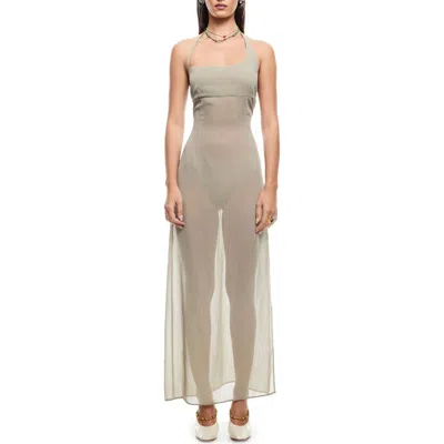 Lioness Driftwood Halter Neck Sheer Maxi Dress In Matcha