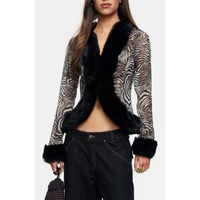 Lioness Dynasty Faux Fur Trim Jacket In Nero Zebra