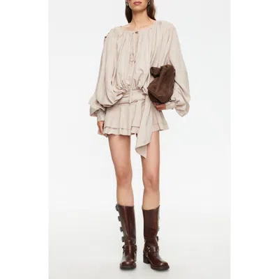 Lioness Elements Pleated Long Sleeve Minidress In Neutral