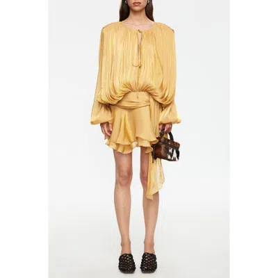 Lioness Elements Pleated Long Sleeve Minidress In Yellow