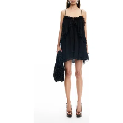 Lioness Ethereal Ruffle Chiffon Minidress In Black