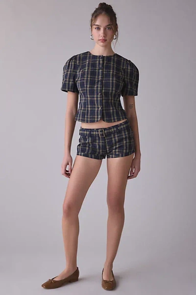 Lioness Femme Plaid Short Sleeve Button-front Blouse In Navy Lemon Plaid, Women's At Urban Outfitters In Multi