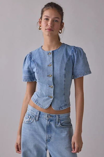 Lioness Femme Short Sleeve Button-front Blouse In Light Blue, Women's At Urban Outfitters