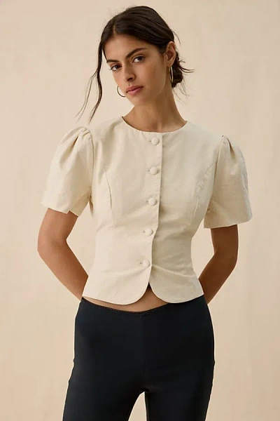 Lioness Femme Short Sleeve Button-front Blouse In Tan, Women's At Urban Outfitters In White