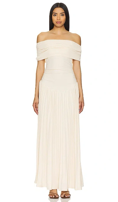 Lioness Field Of Dreams Off The Shoulder Pleated Maxi Dress In Oatmeal