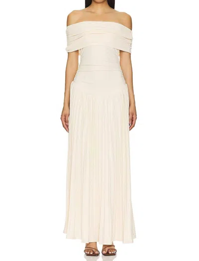 Lioness Field Of Dreams Off The Shoulder Pleated Maxi Dress In Oatmeal