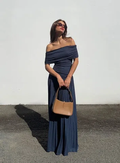 Lioness Field Of Dreams Long Sleeve Foldover Bardot Ruched Drop Waist Pleated Maxi Dress In Blue