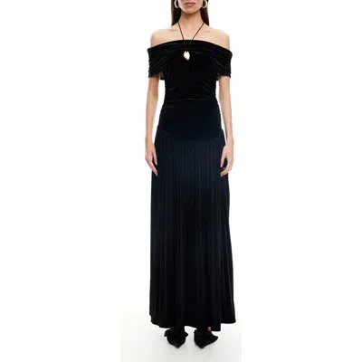 LIONESS LIONESS FIELD OF DREAMS OFF THE SHOULDER VELVET MAXI DRESS