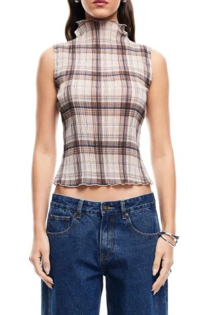 Lioness Ford Plaid Funnel Neck Plissé Top