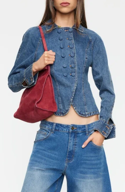 Lioness Form Double Breasted Denim Jacket In Blue
