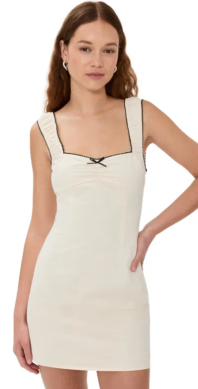 Lioness Fortune Cotton Square Neck Ruched Straps Contrast Trim Mini Dress In Ivory