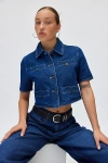 Lioness Halston Short Sleeve Cropped Denim Top In Tinted Denim, Women's At Urban Outfitters