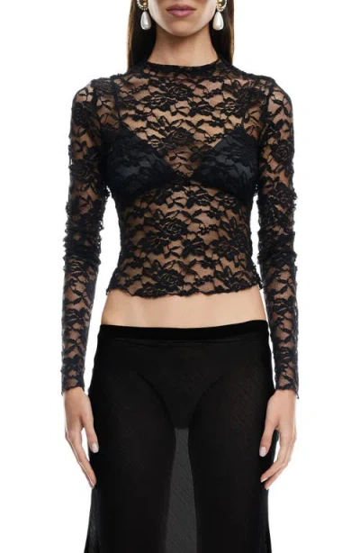 Lioness Hamptons Floral Lace Long Sleeve Top In Black