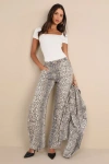 Lioness Horseshoe Beige Faded Leopard Print Ultra Wide-leg Jeans In Beige