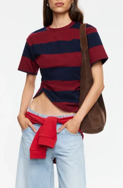 Lioness In Transit Stripe Ruched Cotton Crop T-shirt In Brown
