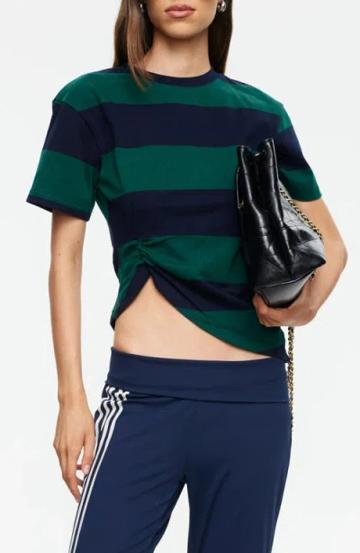 Lioness In Transit Stripe Ruched Cotton Crop T-shirt In Green