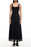 Lioness Kendall Ruched Lace Sleeveless Maxi Dress In Onyx