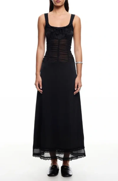Lioness Kendall Ruched Lace Sleeveless Maxi Dress In Onyx