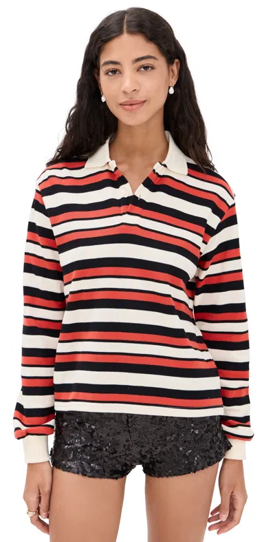 Lioness Long Sleeve Collared Rugby Polo Top In Red Stripe-multi