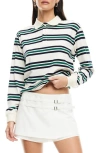 Lioness Leisure Stripe Long Sleeve Cotton Polo Shirt In Ivory Moss