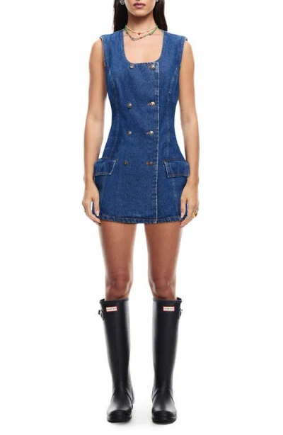 Lioness Double Button Front Pocket Detail Denim Mini Dress In Blue