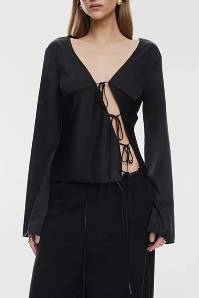 Lioness Mariah Long Sleeve Asymmetric Tie-front Satin Top In Black, Women's At Urban Outfitters