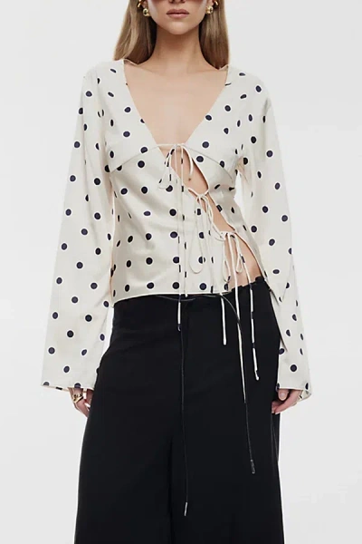 Lioness Mariah Long Sleeve Asymmetric Tie-front Satin Top In White/black Polka Dot, Women's At Urban Outfitt In Neutral