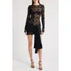 Lioness Midnight Long Sleeve Semisheer Lace Minidress In Black