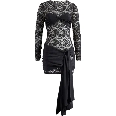 Lioness Midnight Long Sleeve Semisheer Lace Minidress In Onyx