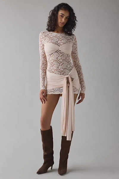 Lioness Midnight Sheer Lace Tie-front Overlay Mini Dress In Peach, Women's At Urban Outfitters In White