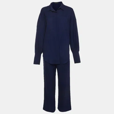 Pre-owned Lioness Navy Blue Stripe Crepe Pant And Oversized Shirt Set S