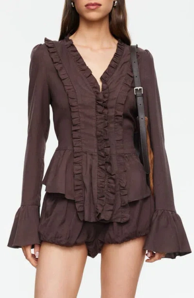 Lioness Odette Ruffle Bell Sleeve Tie Back Linen Blend Top In Gray