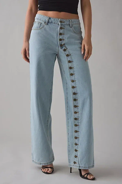 Lioness Penny Asymmetric Button Detail Low Rise Straight Leg Jean In Light Blue, Women's At Urban Outfitters