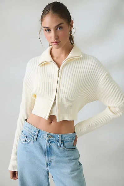 Lioness Priority Zip-up Mock Neck Sweater In White, Women's At Urban Outfitters